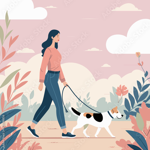 woman walking her dog in a colorful nature background
