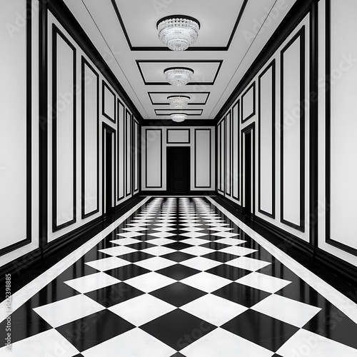 Obraz na płótnie Elegant Hallway with Black and White Checkerboard Floor, Intricate Wall Panels, and Decorative Lighting Fixtures Perspective View. w salonie