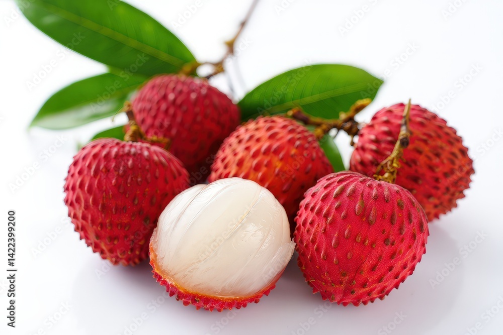 Red fruits with white seeds on top of green leaves. Red fruits with white seeds on top of green leaves.
