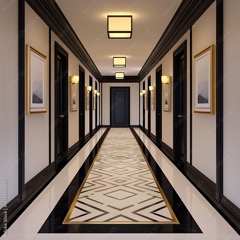 Elegant Hallway with Geometric Floor Design, Classic Interior Architecture and Refined Decorations creating a Peaceful Atmosphere, Artwork Accents.