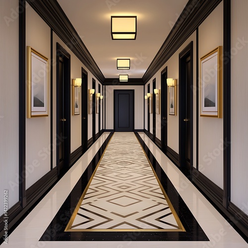 Obraz na płótnie Elegant Hallway with Geometric Floor Design, Classic Interior Architecture and Refined Decorations creating a Peaceful Atmosphere, Artwork Accents. w salonie