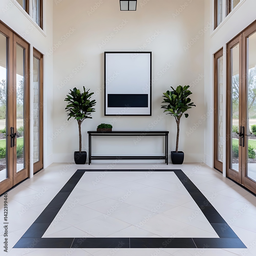 Elegant home interior: foyer with framed doors, artwork, console table and plants creating a welcoming atmosphere.