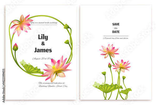 Lotus. Tropical flowers. Floral background. Wedding invitation. Water lily. Pink. Green. Bouquet.