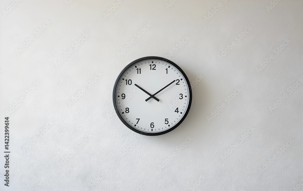 Round minimal clock on a light-colored wall., black round clock hanging on a beige wall Round minimal clock on a light-colored wall., black round clock hanging on a beige wall