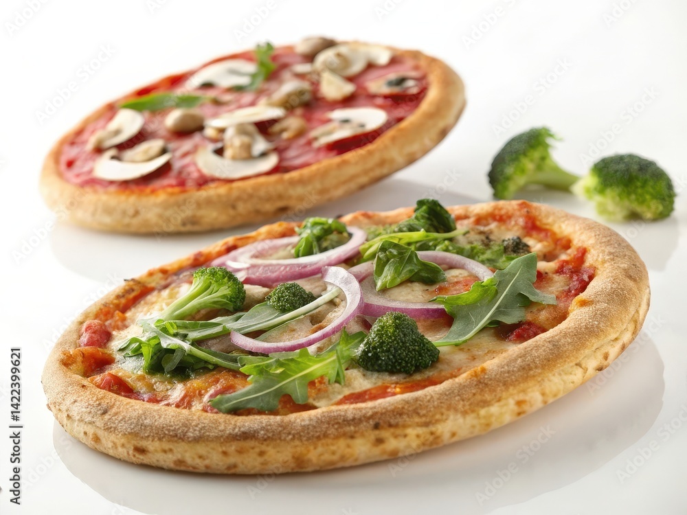 Two flatbread pizzas with different toppings on white background. Two flatbread pizzas with different toppings on white background.