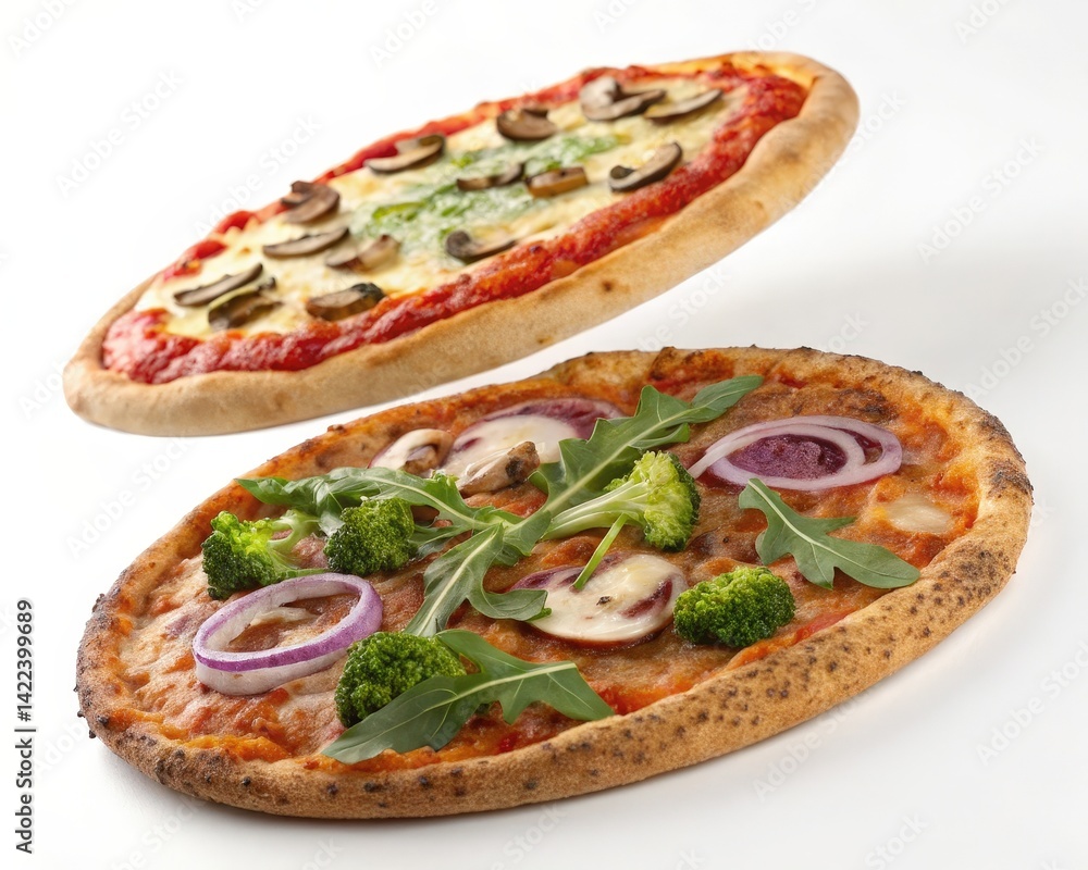 Two flatbread pizzas with different toppings on white background.