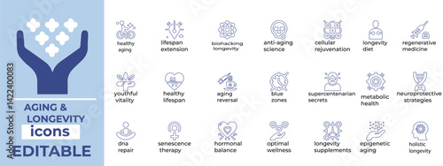 Elegant aging and longevity vector set for wellness, healthcare, lifestyle, and anti-aging themed visuals