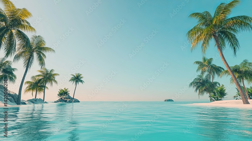 Serene tropical beach paradise with lush palm trees and turquoise water sea sky sun sand calm rest Serene tropical beach paradise with lush palm trees and turquoise water sea sky sun sand calm rest