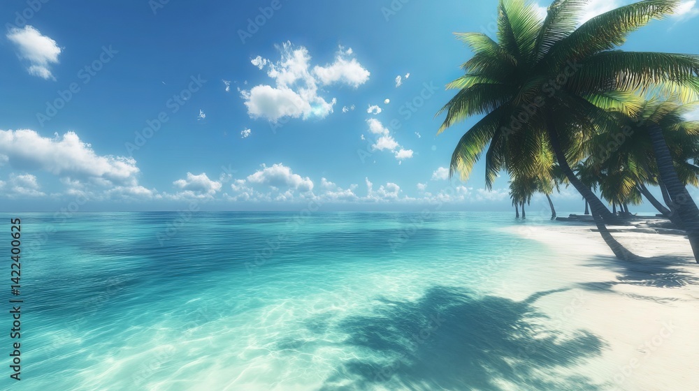 Serene tropical beach scene with lush palm trees and clear turquoise water under a sunny sky sea sand Serene tropical beach scene with lush palm trees and clear turquoise water under a sunny sky sea sand