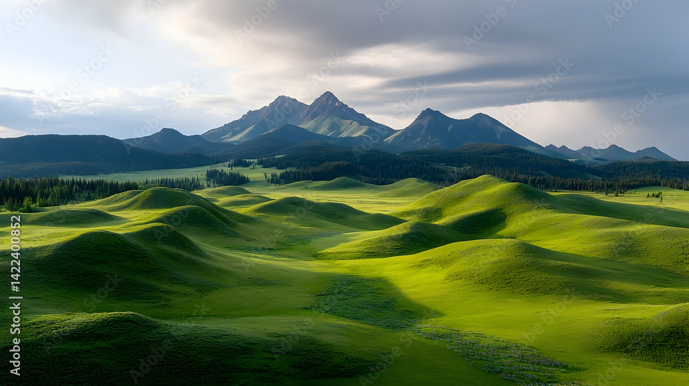 Fototapeta premium Tranquil Golden Meadow And Mountain Range Under Cloudy Sky