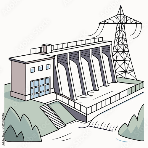 Hydroelectric Dam And Power Lines Cartoon Illustration For Educational Purposes