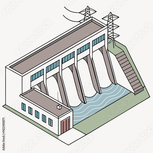 Isometric Illustration Of Hydroelectric Power Station With Power Lines And River