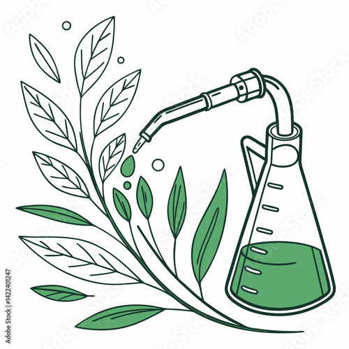Herbal Medicine Research Illustration With Erlenmeyer Flask And Green Leaves