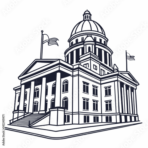 State Capitol Building Outline Vector Illustration With Flags And Architectural Detail