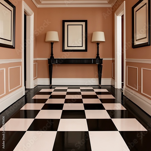 Elegant Interior Featuring Black and White Checkered Floor, Console Table, Lamps, and Picture Frames Creates a Classic Style.