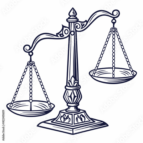 Antique Scales Of Justice Outline Illustration Symbolizing Law And Balance