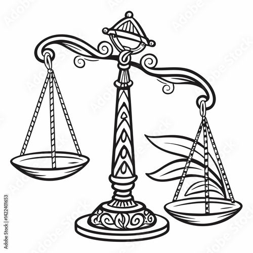 Ornate Scales Of Justice Illustration Symbolizing Law And Balance In Decorative Vector Art