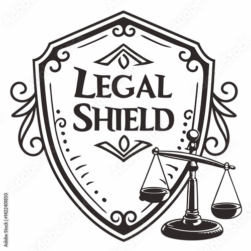 Elegant Legal Shield With Scales Of Justice Black And White Illustration