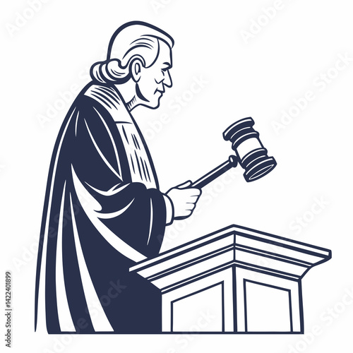 Illustration Of A Judge At The Bench Hitting Gavel For Verdict Law Concept
