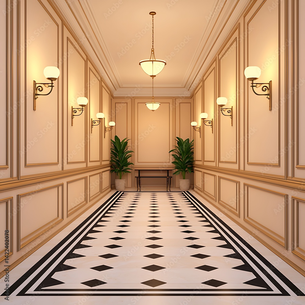 Elegant Interior Hallway with Decorative Walls, Patterned Floor, Lighting Fixtures, and Green Plants for Architectural Inspiration, Visual Design.