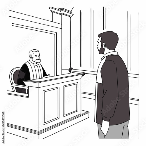 Courtroom Scene Featuring A Judge And A Defendant Illustration