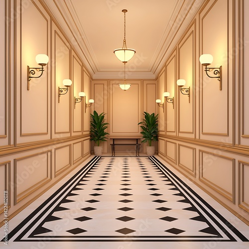 Elegant Interior Hallway with Decorative Walls, Patterned Floor, Lighting Fixtures, and Green Plants for Architectural Inspiration, Visual Design.