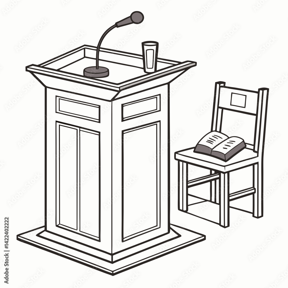 Vector Illustration Of A Podium With A Microphone A Glass And A Book On A Chair Vector Illustration Of A Podium With A Microphone A Glass And A Book On A Chair