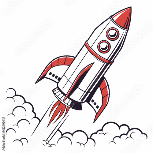 Cartoon Rocket Ship Launching With Smoke Trail On White Background Illustration
