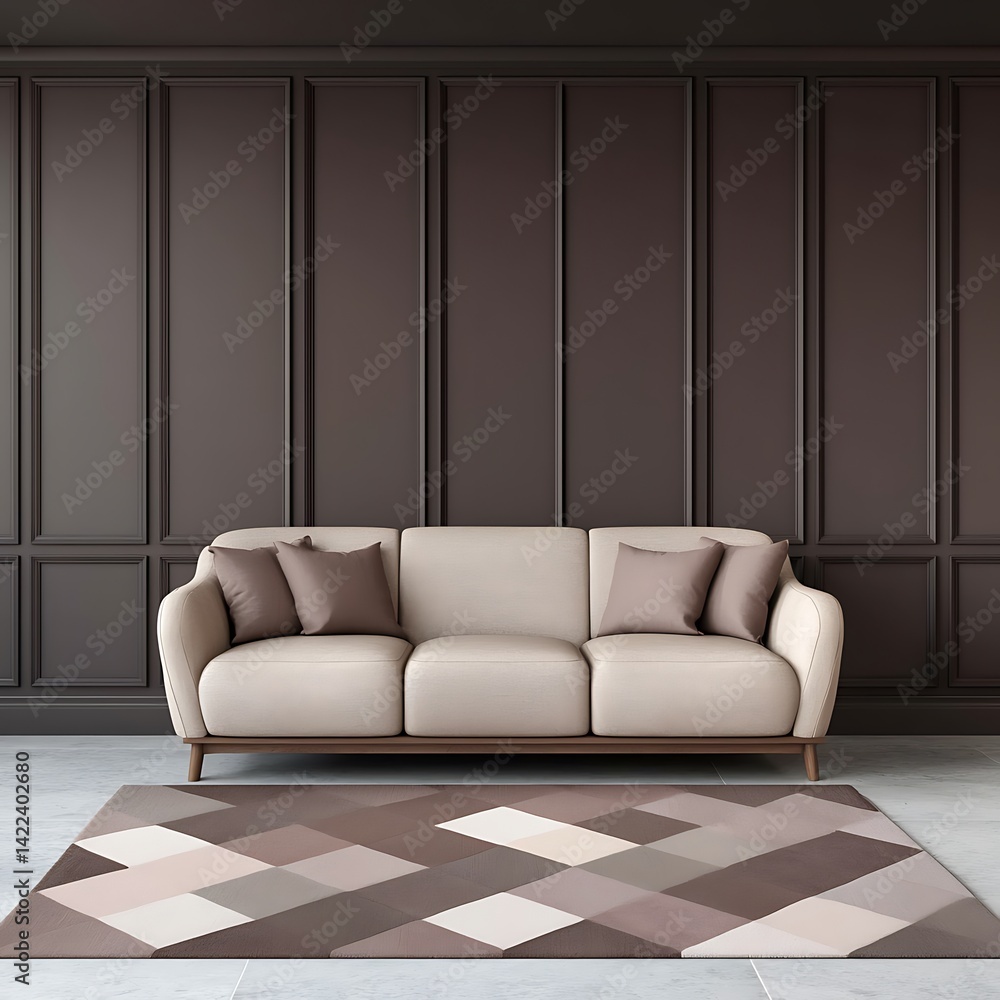 Elegant Interior with Cream Sofa, Decorative Wall Paneling, and Geometric Rug for Modern Home Décor Inspiration.