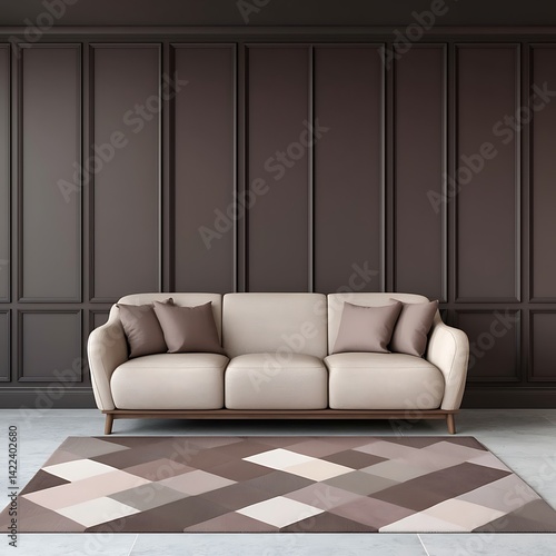 Obraz na płótnie Elegant Interior with Cream Sofa, Decorative Wall Paneling, and Geometric Rug for Modern Home Décor Inspiration. w salonie