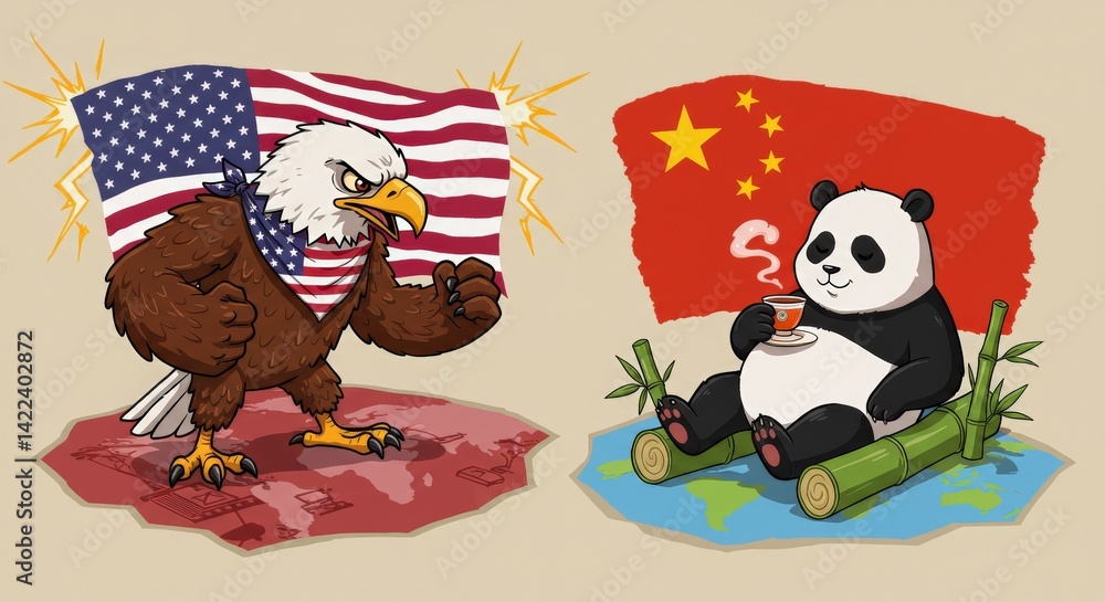 Fototapeta premium Eagle Vs Panda Cartoon Usa Vs China