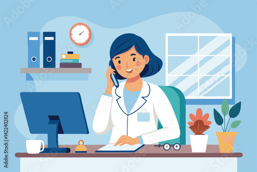 Young Medical Receptionists Talking on Phone Scheduling Appointments – Vector Illustration