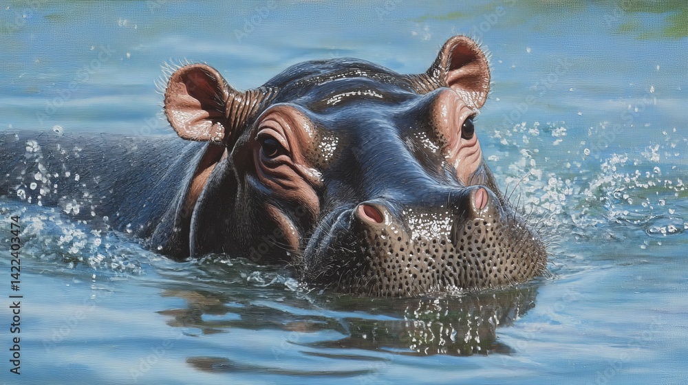 Fototapeta premium Hippopotamus swimming in water detailed painting wildlife art sun lake blue grey river color brown