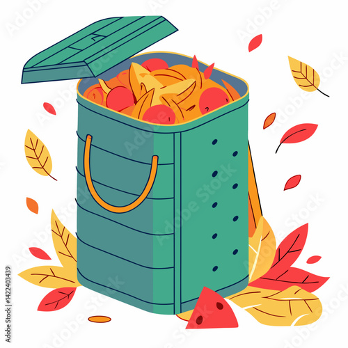 Composting Bin Full Of Food Scraps With Autumn Leaves Around It