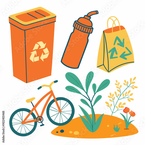 Sustainable Lifestyle Concept With Recycle Bin Bag Water Bottle Bicycle And Plants