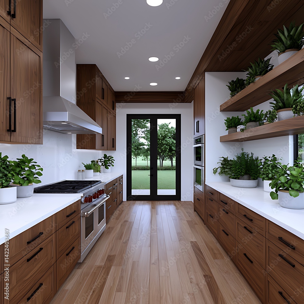 Elegant kitchen interior design with wood cabinets, white countertops, plants, natural light and a view to the garden: inspiring culinary space.