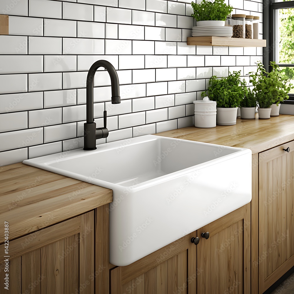 Elegant Kitchen Interior Featuring Farmhouse Sink, Wooden Countertop, and White Subway Tile Backsplash, Creating a Cozy and Modern Culinary Space