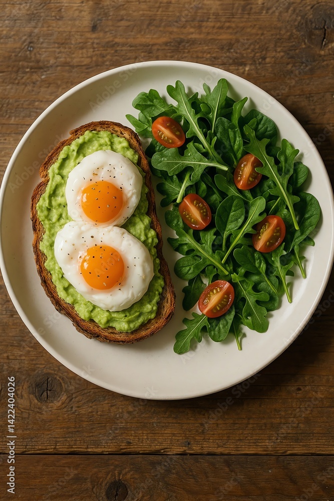 A delicious and nutritious breakfast plate featuring whole grain toast topped with creamy mashed avocado and two perfectly poached eggs, served with a fresh arugula and cherry tomato salad. A delicious and nutritious breakfast plate featuring whole grain toast topped with creamy mashed avocado and two perfectly poached eggs, served with a fresh arugula and cherry tomato salad.