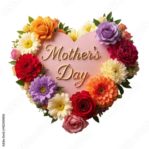 A heart-shaped bouquet with the word "Mother's Day". Happy Mother's Day, Mother's Day, Mother's Day Gifts, Mother's Day Cards.