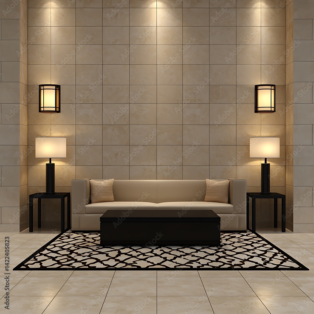 Elegant living space with tan sofa, black accents, and soft lighting against a neutral tiled wall for interior design inspiration.