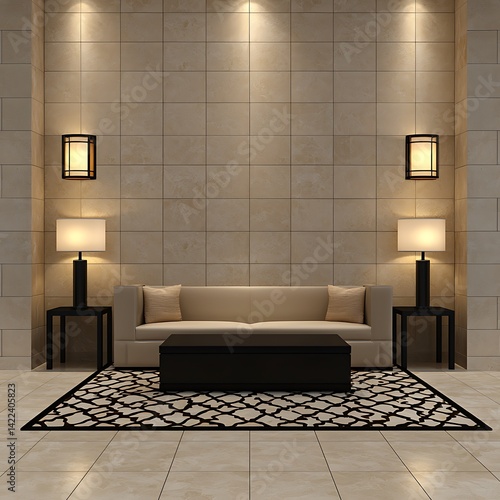 Obraz na płótnie Elegant living space with tan sofa, black accents, and soft lighting against a neutral tiled wall for interior design inspiration. w salonie