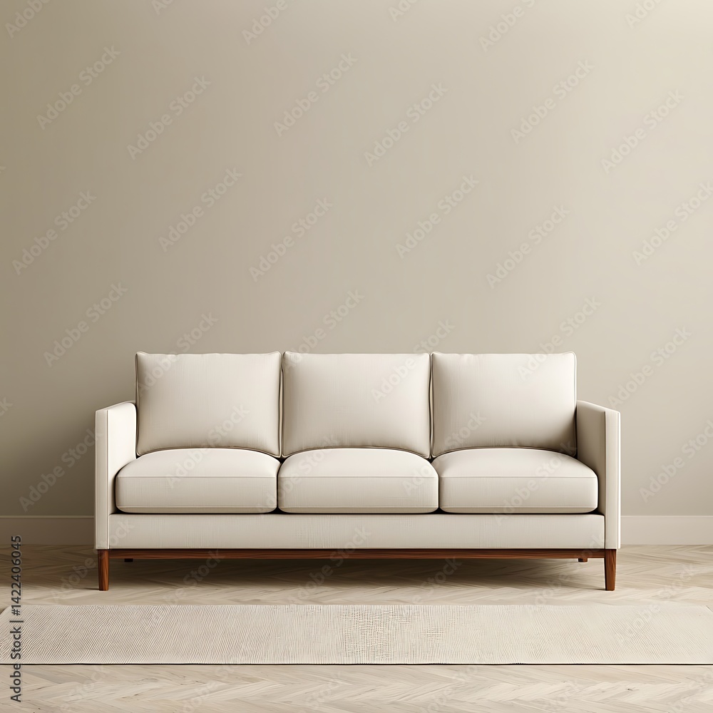 Elegant Minimalist Room Featuring a Three-Seater Sofa, Neutral Palette, Wood Floor, and Textured Rug for Relaxing Interior Design.