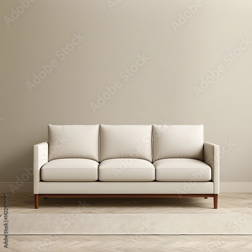 Obraz na płótnie Elegant Minimalist Room Featuring a Three-Seater Sofa, Neutral Palette, Wood Floor, and Textured Rug for Relaxing Interior Design. w salonie