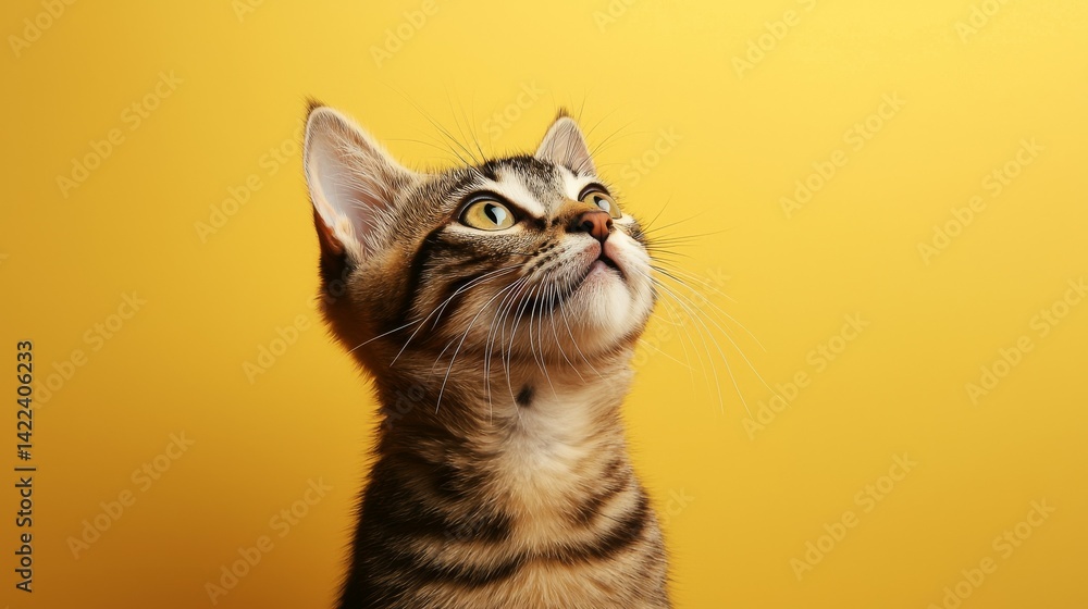 Adorable Cat Banner with Playful Feline Gazing Upward on Vibrant Yellow Background Adorable Cat Banner with Playful Feline Gazing Upward on Vibrant Yellow Background