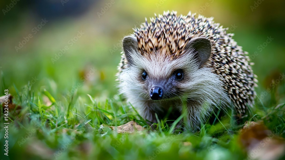 Naklejka premium Adorable Hedgehog Nestled in Vibrant Green Grass