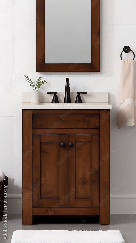 Elegant Wooden Vanity with White Countertop, Black Faucet, and Mirror in a Modern Minimalist Bathroom.