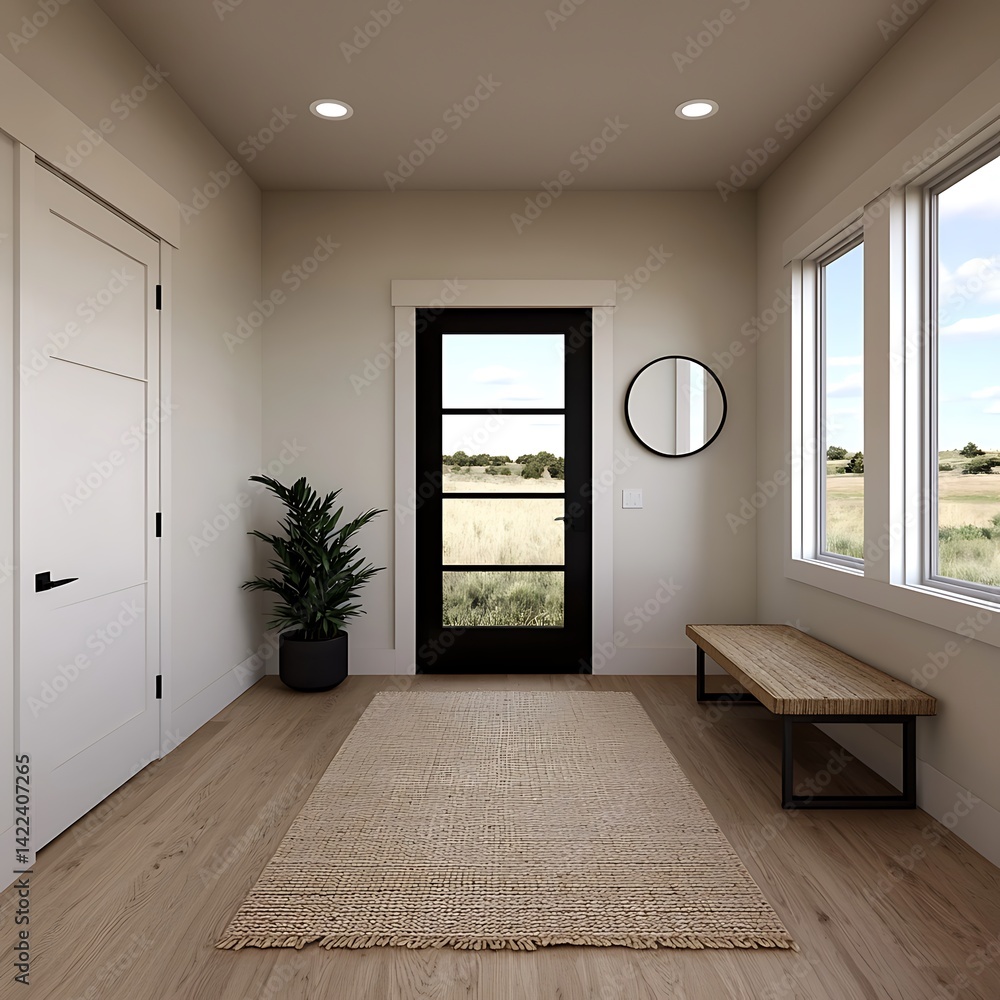 Entryway Design with Black Door, Natural Rug, and Windows Overlooking Field Creates Welcoming Interior.
