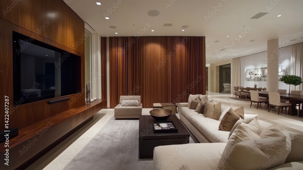 Fototapeta premium Modern home theater living room, luxury interior design, evening lighting, dining room background, architectural photography
