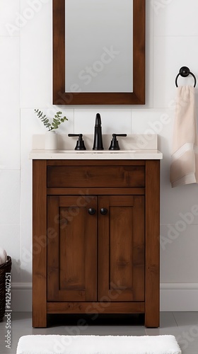 Obraz na płótnie Elegant Wooden Vanity with White Countertop, Black Faucet, and Mirror in a Modern Minimalist Bathroom. w salonie