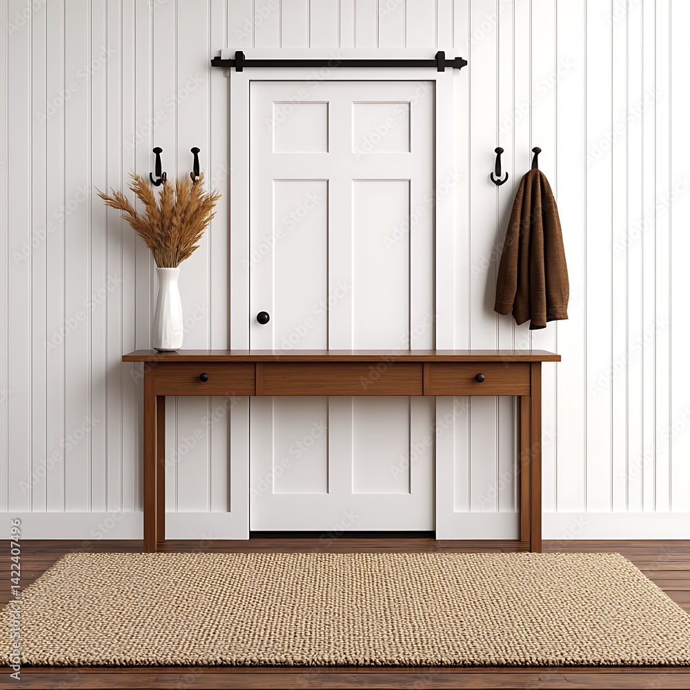 Entryway Interior Design with Sliding Door, Wooden Console Table, and Natural Fiber Rug for Home Decor Inspiration.
